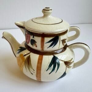 Vintage Tea for One Stacking Set Teapot Creamer Autumn Leaves Pattern Pear Japan